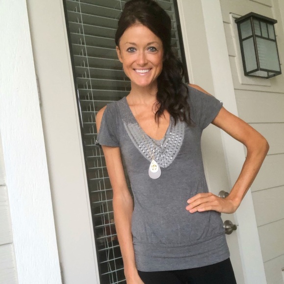 Guess Jeans Beaded Grey Blouse, Cold Shoulder - Picture 4 of 9